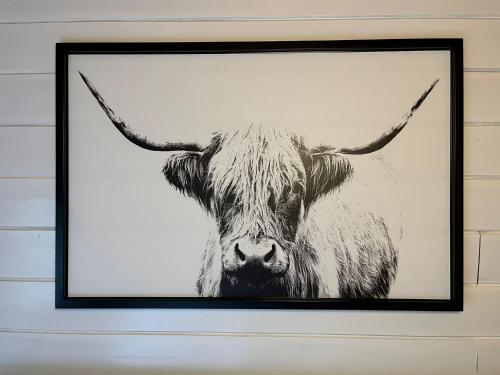 a black and white picture of a cow with horns at Veluwse Bungalow in Ermelo