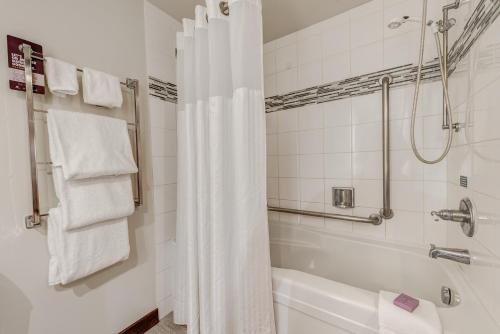 a bathroom with a tub and a shower with a shower curtain at Blackcomb Springs Suites by CLIQUE in Whistler
