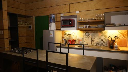 卡胡伊的住宿－Cabañas Tierra Salada，厨房配有台面和冰箱