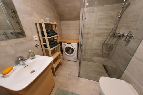 a bathroom with a sink and a shower and a washing machine at Luxusní horský apartmán v centru Harrachova in Harrachov