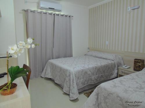 a hotel room with two beds and a plant at Dourada Parque Hotel in Pedra Dourada