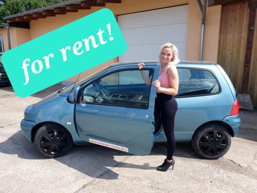 a woman is standing next to a blue car at Monteurzimmer Siebenlehn in Siebenlehn