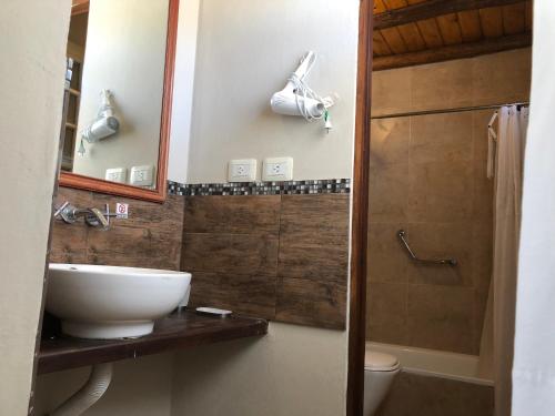 a bathroom with a sink and a toilet and a mirror at Puro Campo in Tafí del Valle