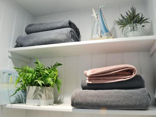 um monte de toalhas nas prateleiras de uma casa de banho em Caban Caru em Dinas Mawddwy