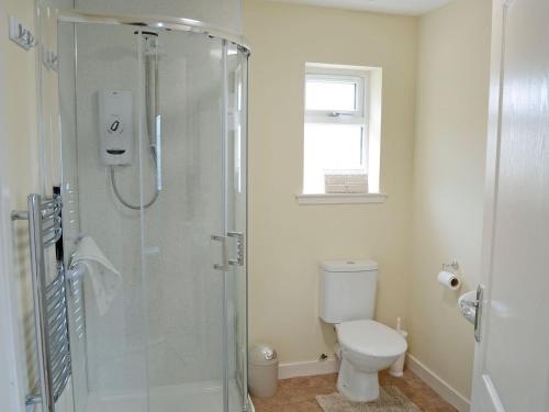 a bathroom with a shower and a toilet at Harland Cottage in Castletown