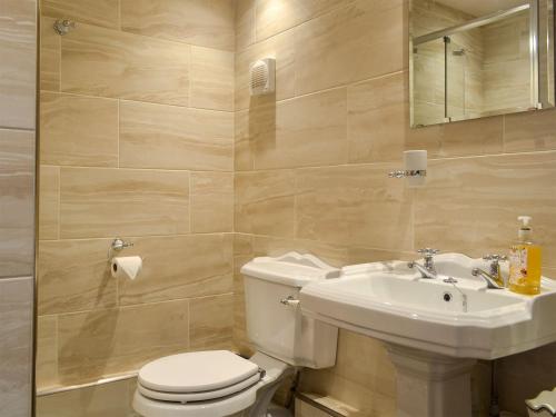 a bathroom with a toilet and a sink at Penrhos Bach in Llanerchymedd