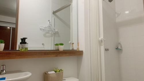 een badkamer met een wastafel en een spiegel bij Aloja-T en Apartamento amoblado en Condominio de San Jeronimo in San Jerónimo