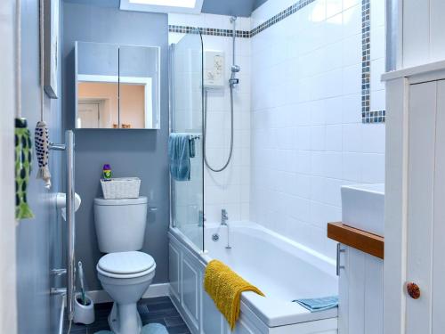 a bathroom with a toilet and a shower and a sink at Heron Cottage in Lossiemouth