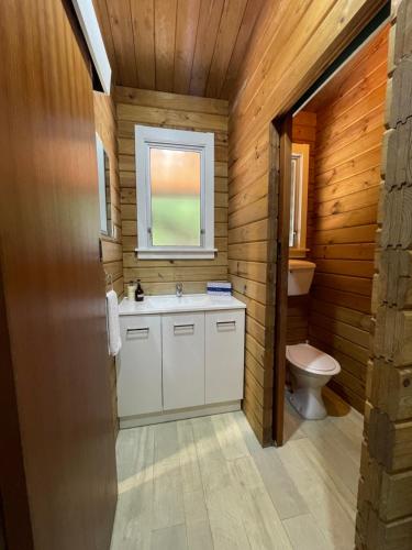 a bathroom with a toilet and a sink and a window at Lakes Lodge Okataina in Rotorua