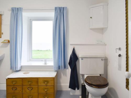 a bathroom with a toilet and a window at 3 Covesea Village in Duffus