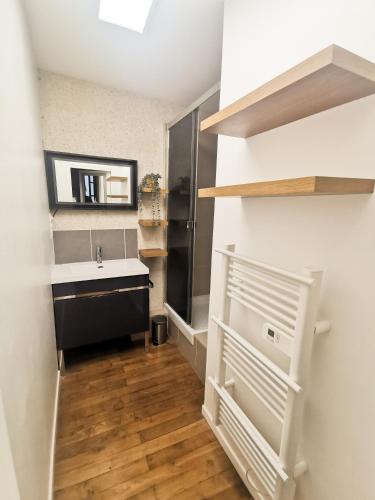 une salle de bain avec un lavabo et un miroir dans l'établissement Loft atypique au calme avec cour privative, à Bourges