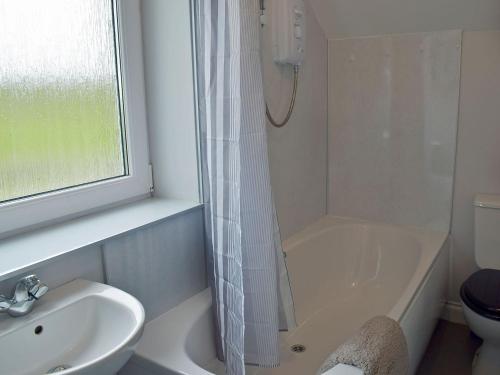 a bathroom with a sink and a shower and a toilet at Brick Cottage 1-uk13674 in Palnure