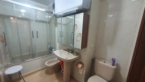 ein Bad mit einem Waschbecken, einem WC und einer Dusche in der Unterkunft Tauco Ribadesella - Estupendo piso para 5 pax in Ribadesella