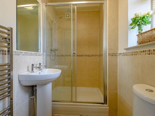 a bathroom with a shower and a sink at Bluestone Cottage in Welton le Wold