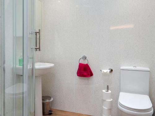 a bathroom with a toilet and a sink and a red bag at Kinder Apartment - Uk12957 in Glossop