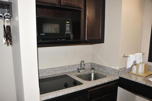 a kitchen with a sink and a microwave at Paradise Inn & Suites in Baton Rouge