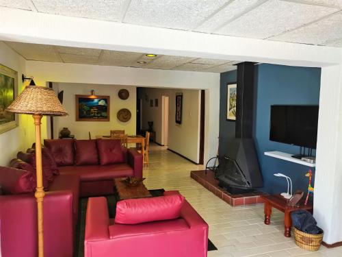 a living room with red furniture and a flat screen tv at Otters' Haunt Eco Retreat in Parys