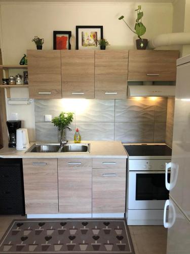 a kitchen with wooden cabinets and a sink at Lemon Home in Heraklio Town
