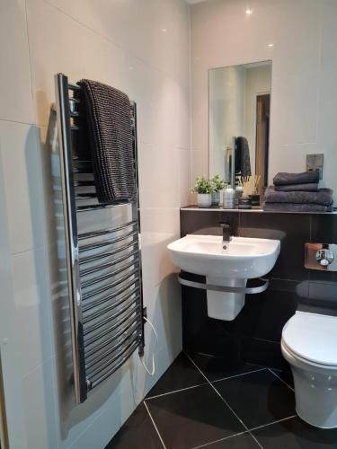 a bathroom with a sink and a toilet at Stay Yorkshire I Quarter Apartment 53 in Sheffield