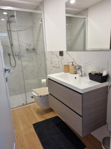 een badkamer met een wastafel, een douche en een toilet bij Maso Kreuzberg in Trento