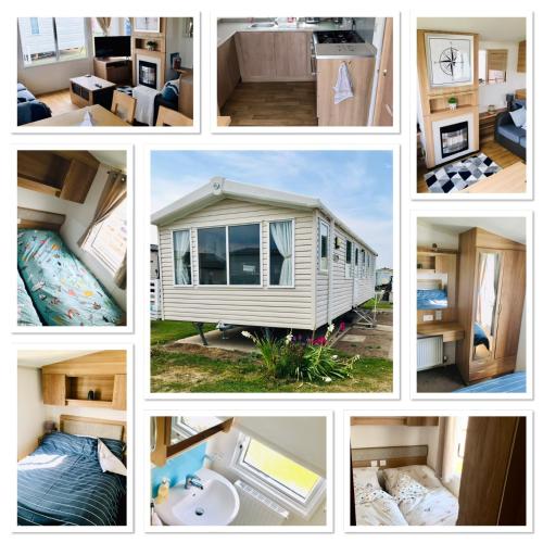 un collage de fotos de una casa pequeña en Jacobs Retreat- Lido Beach- well behaved dogs welcome, en Prestatyn