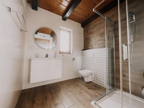 a bathroom with a shower and a toilet at Chata Holder in Svätý Kríž