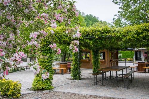 a pergola with a wooden table and pink flowers at BED&BREAKFAST TABINE in San Giacomo