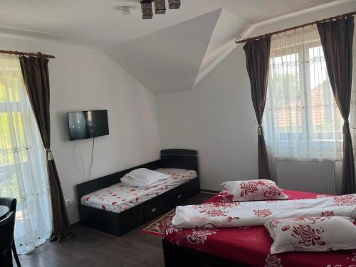 a bedroom with two beds and a tv on the wall at Pensiunea Eden in Bărăşti