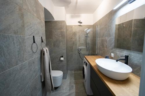 y baño con lavabo, aseo y ducha. en Stilvolle Wohnung mit ruhig gelegenem Balkon, en Viena