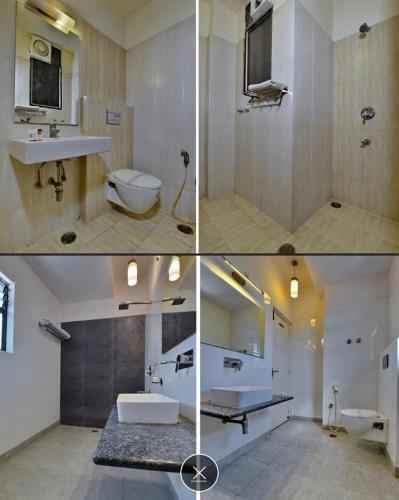 four pictures of a bathroom with a sink and a toilet at Hotel aroma classic in Jaipur