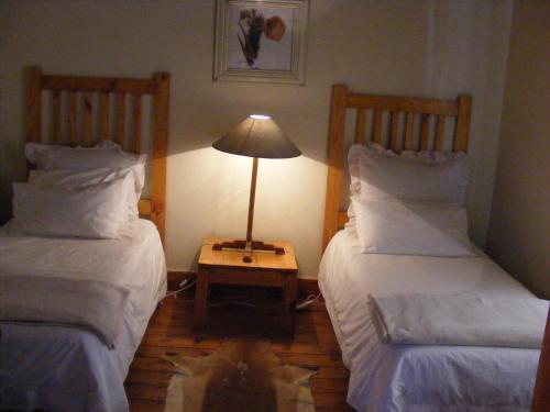 a room with two beds and a lamp on a table at Pepper Tree Accommodation in Beaufort West