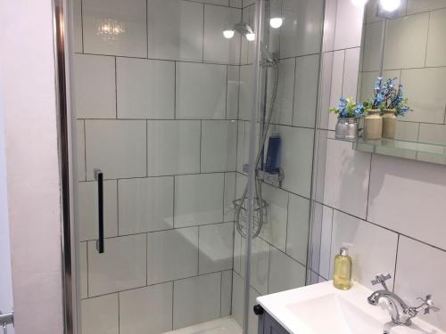 a bathroom with a shower and a sink at Sunrise Cottage in Linton