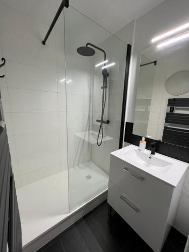 a white bathroom with a shower and a sink at Le Roazhon, Rennes métropole in Rennes
