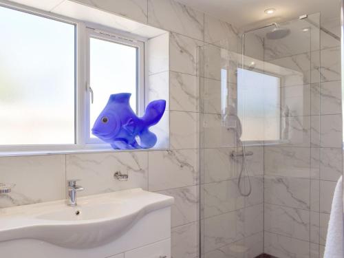 baño con lavabo y un juguete de pescado azul en la ventana en Stars Cottage, en Moreton