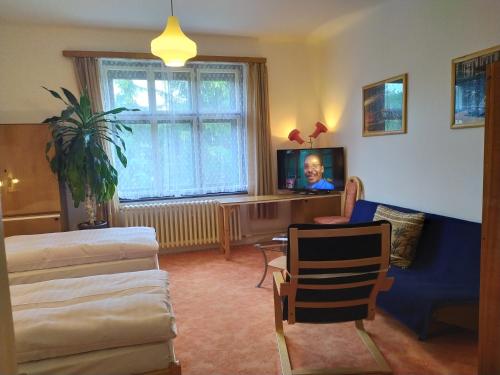 a living room with a tv and a woman on the screen at Pension 21 in Prague