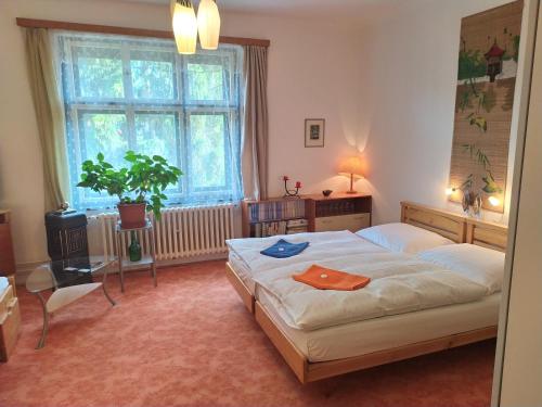 プラハにあるPension 21のベッドルーム1室(ベッド2台、テーブル、窓付)