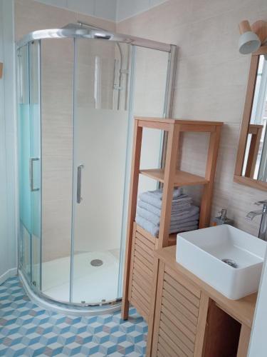 y baño con ducha y lavamanos. en Joli appartement moderne / proche de Dinard en Pleurtuit