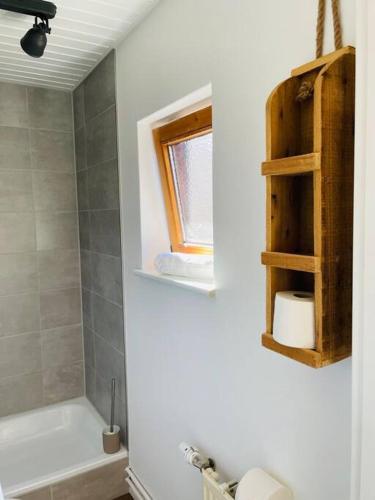 een badkamer met een douche, een wastafel en een toilet bij Ferienwohnung Till Eulenspiegel in Schöppenstedt