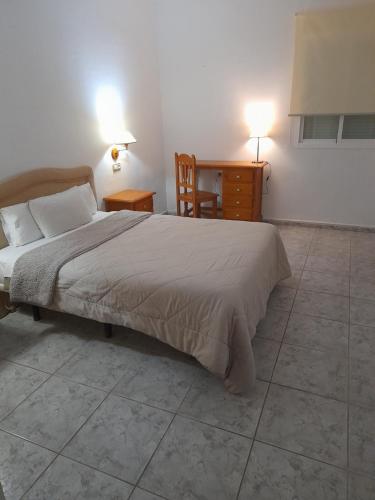 a bedroom with a bed and a desk and a chair at HOTEL ORIANA in Badajoz