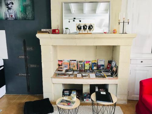 a living room with a fireplace with books on it at Gîte Au Boom Coeur - petit déjeuner inclus - SPA en option in Tourtenay