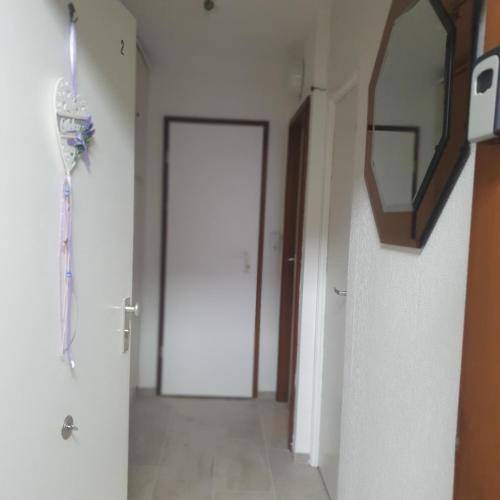 a hallway with a white door and a mirror at CrisAnd 3 Panoramic in Altenau