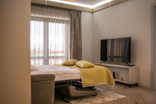 1 dormitorio con 1 cama, TV y ventana en Astoria Horse Center en Gheorgheni