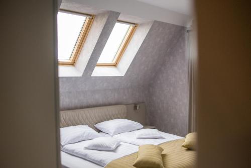 a bedroom with two beds and two windows at Astoria Horse Center in Gheorgheni
