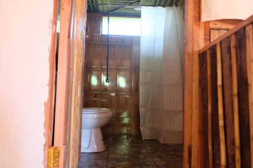 a bathroom with a toilet and a shower at ZIONZURI ARTS ECOVILAGE TREE HOUSE in Mbwamaji