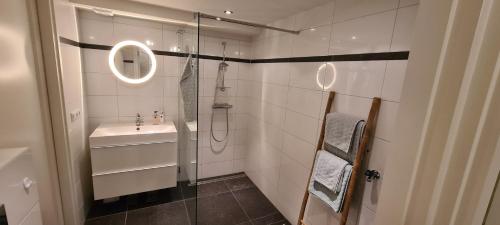 a bathroom with a shower and a sink and a mirror at Bij Ons Naast in Nuenen