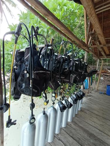 a row of umbrellas lined up in a row at Warahnus dive homestay in Kri