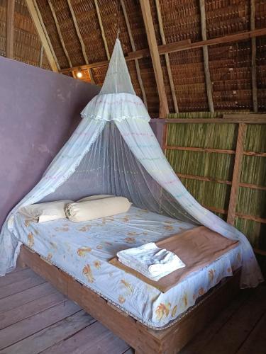 a bed with a net on it in a room at Warahnus dive homestay in Kri