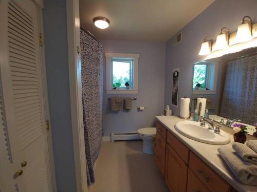 a bathroom with a sink and a toilet and a mirror at Spacious country retreat close to town and nature, Sylvana Farm VT in Montpelier