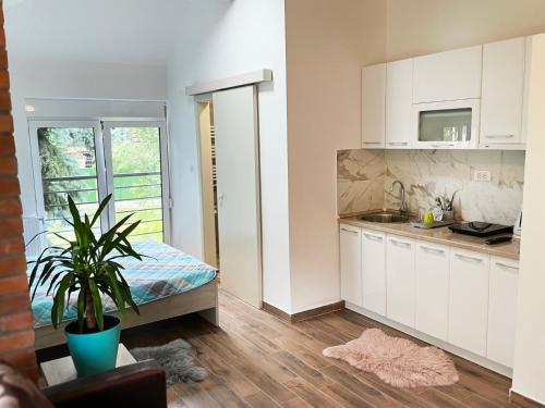 uma cozinha com armários brancos e uma cama num quarto em Vila Una Fruška gora em Novi Sad