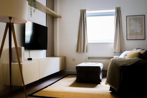 ein Wohnzimmer mit einem TV und einem Sofa in der Unterkunft Luxurious fully equipped Cowley 1 bed apartment with FREE Parking in Oxford